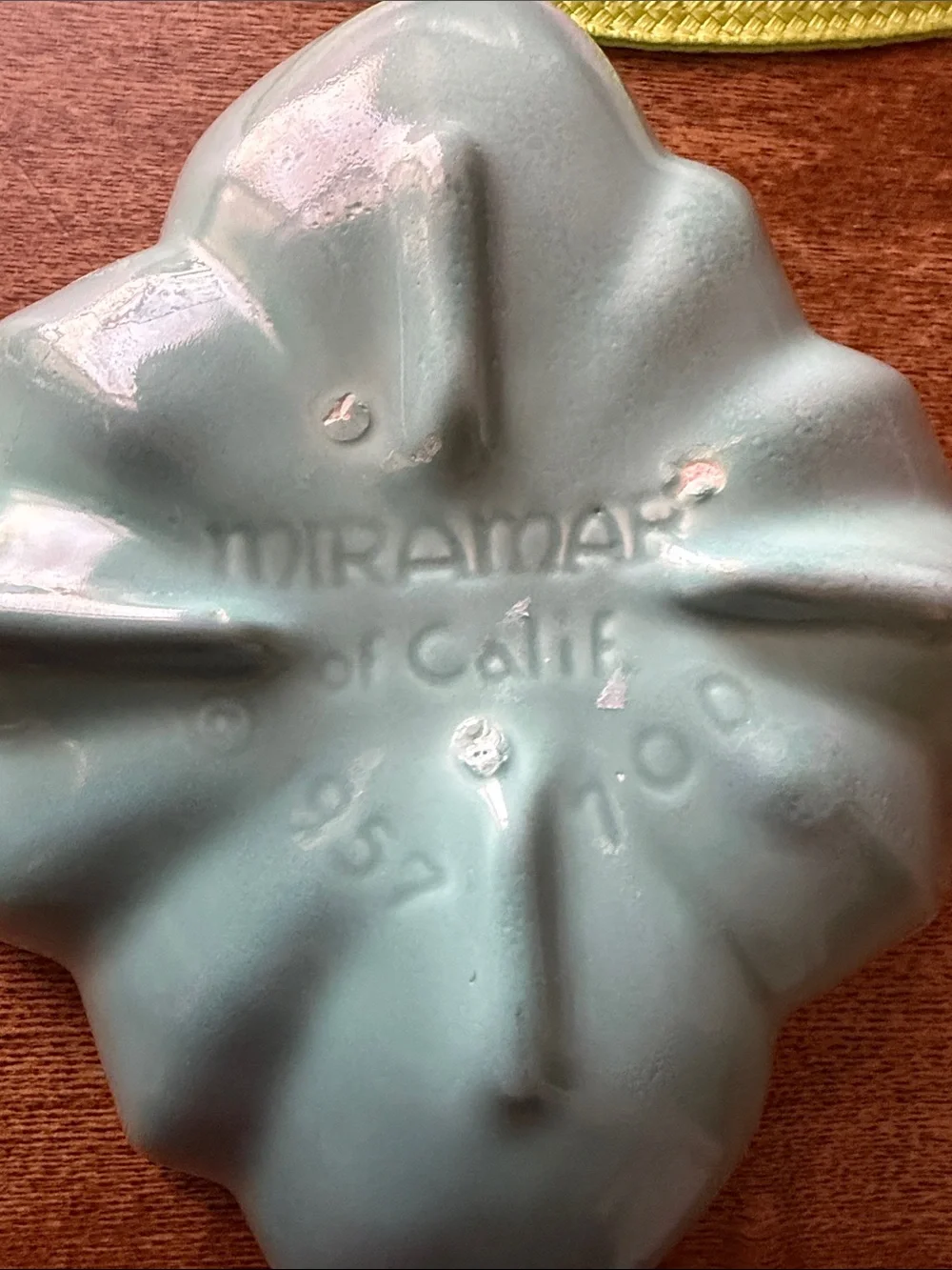Vintage Turquoise Ceramic Shell Trinket Box with Brown Handle